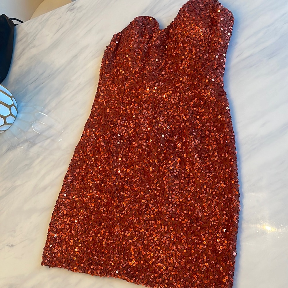 NEW NWT Strapless Embellished Mini Dress by Scala Size M 8 Orange Cayenne SEQUIN
